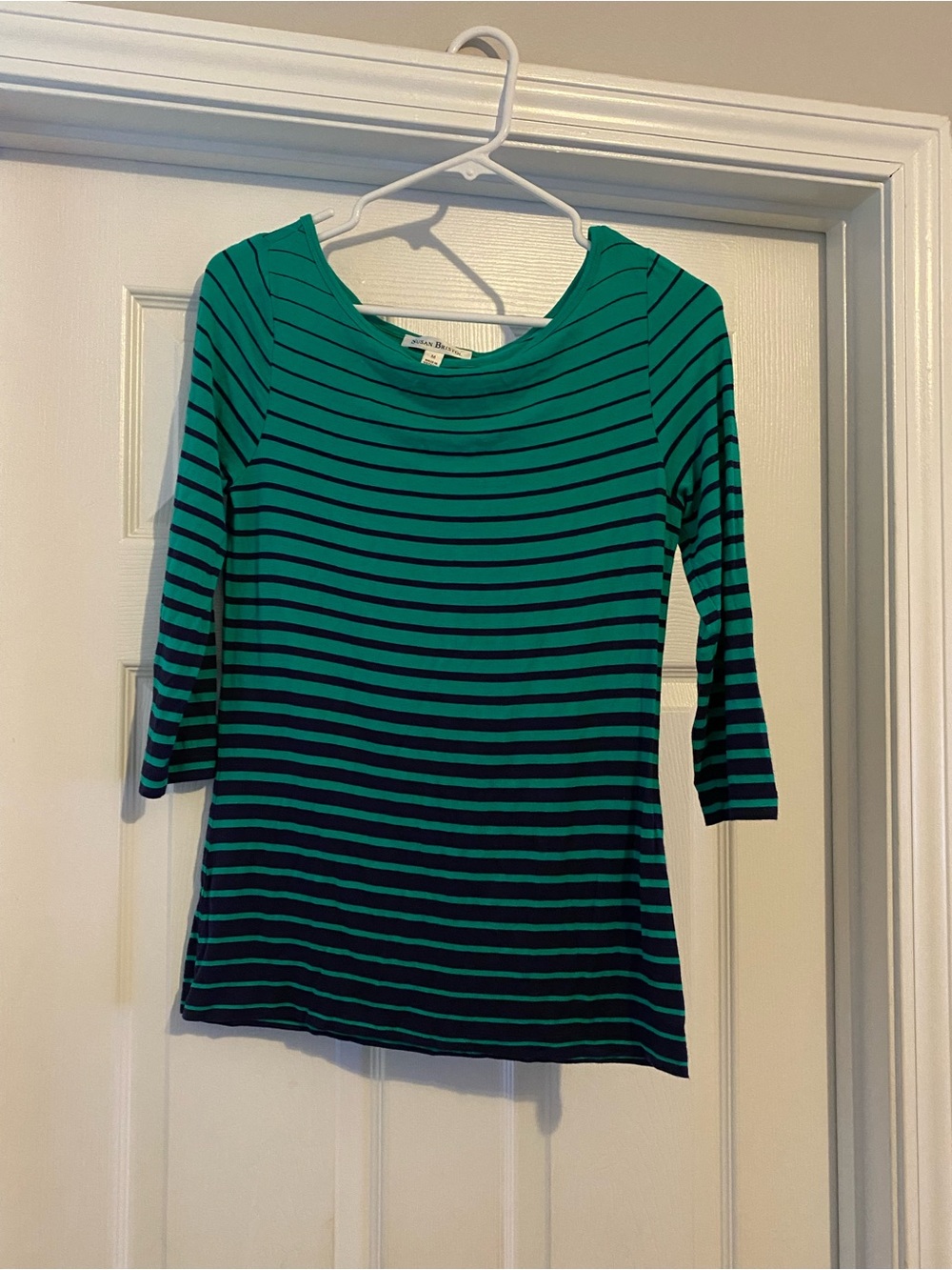 Susan Bristol Green and Navy Striped Boatneck Long Sleeve Tee